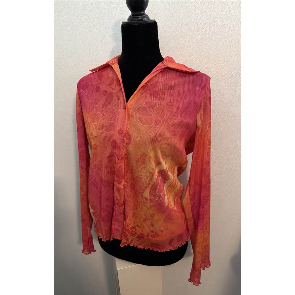 Vintage Josephine Chaus Top Women M Orange Pink 90s Y2K Boho Long Sheer Sleeve